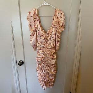 For Love & Lemons size large midi scrunch dress with sleeves in peach cream